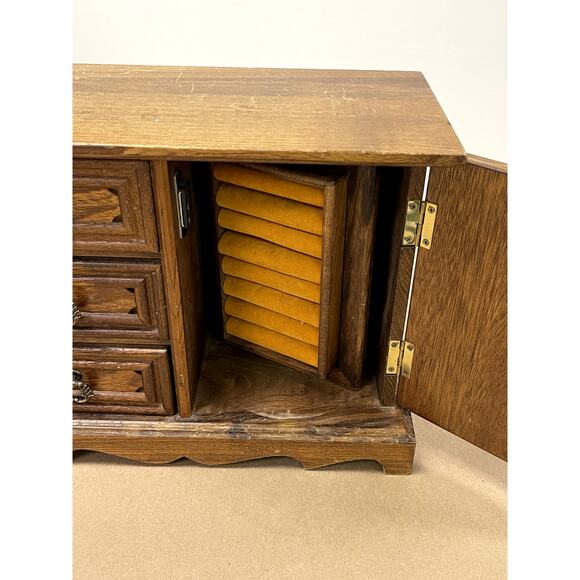 Vintage Wood Jewelry Box Floral Tapestry  3 drawers Necklace Ring Carousel - Picture 2 of 11